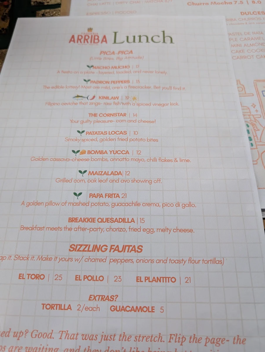 Menu, Taqueria Arriba