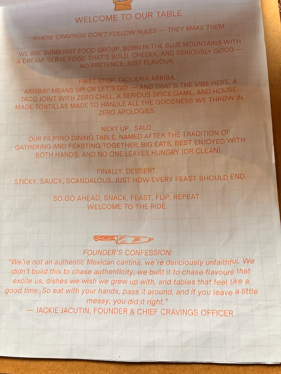 Menu, Taqueria Arriba