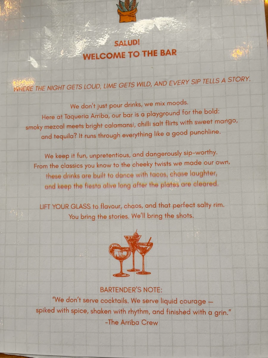 Menu, Taqueria Arriba