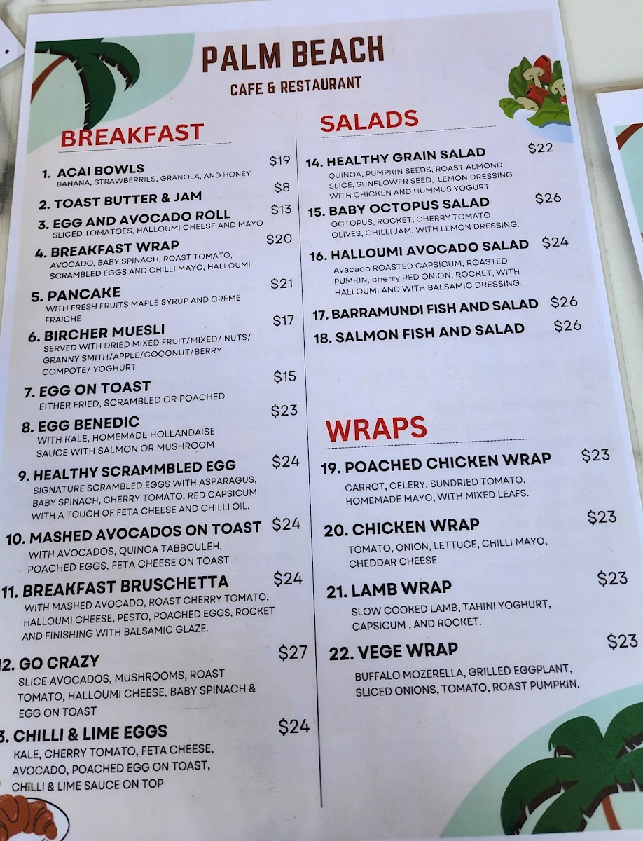 Menu, Palm Beach Cafe & Restaurant