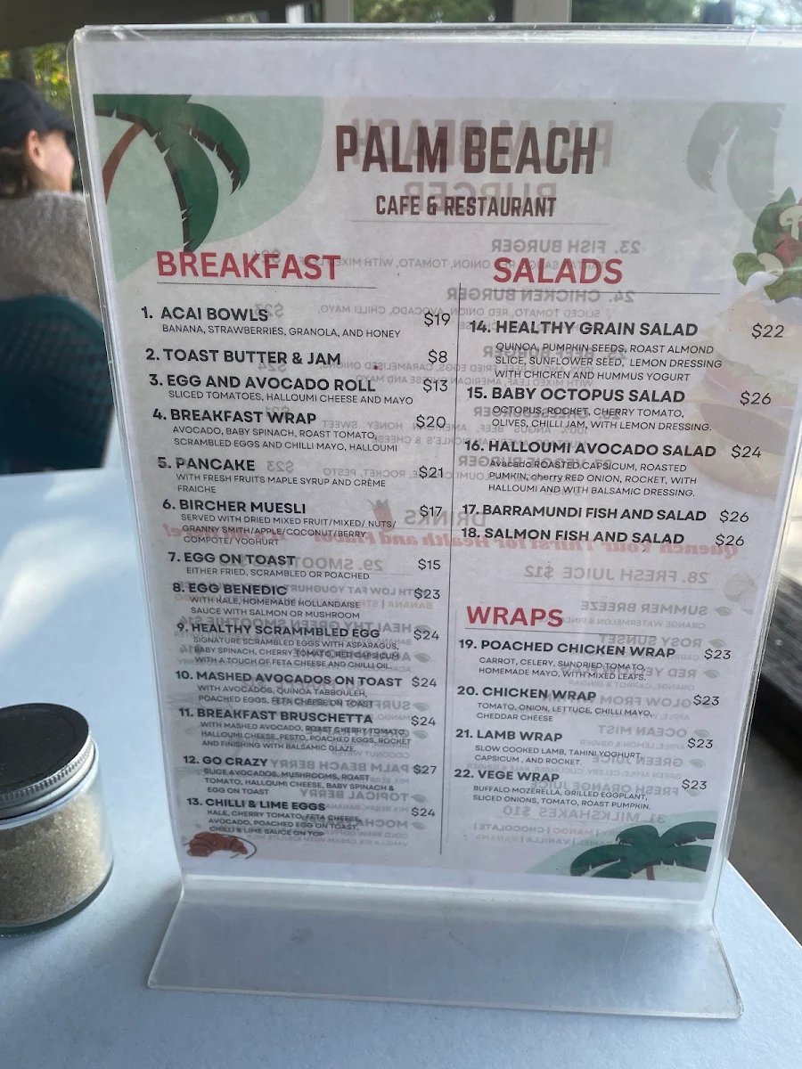 Menu, Palm Beach Cafe & Restaurant