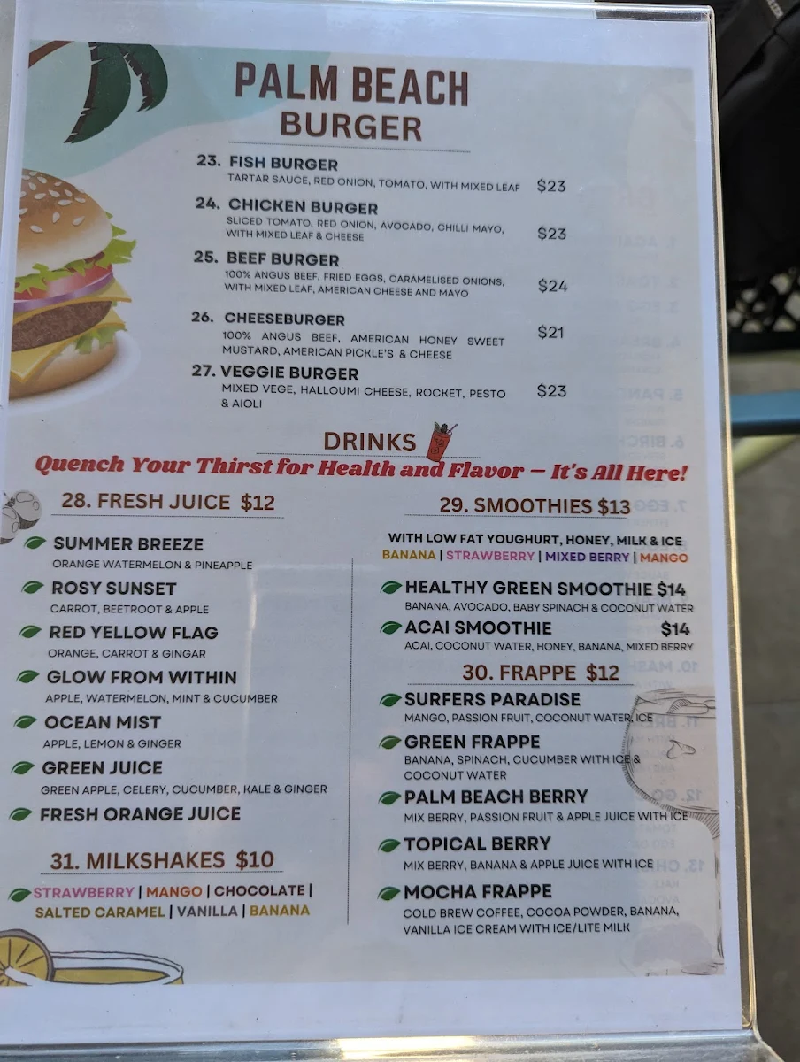 Menu, Palm Beach Cafe & Restaurant