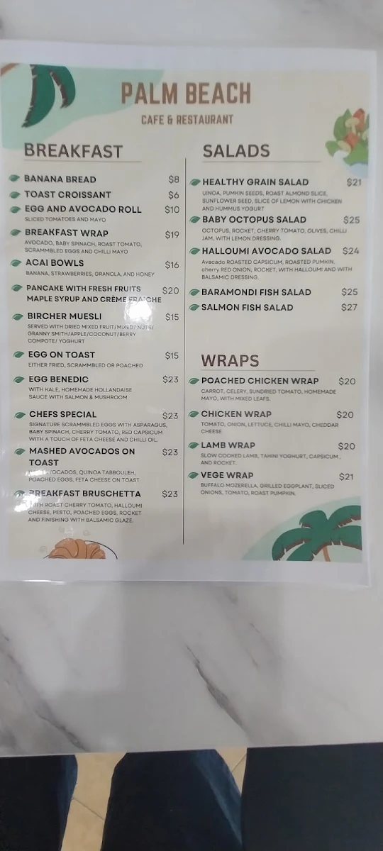 Menu, Palm Beach Cafe & Restaurant