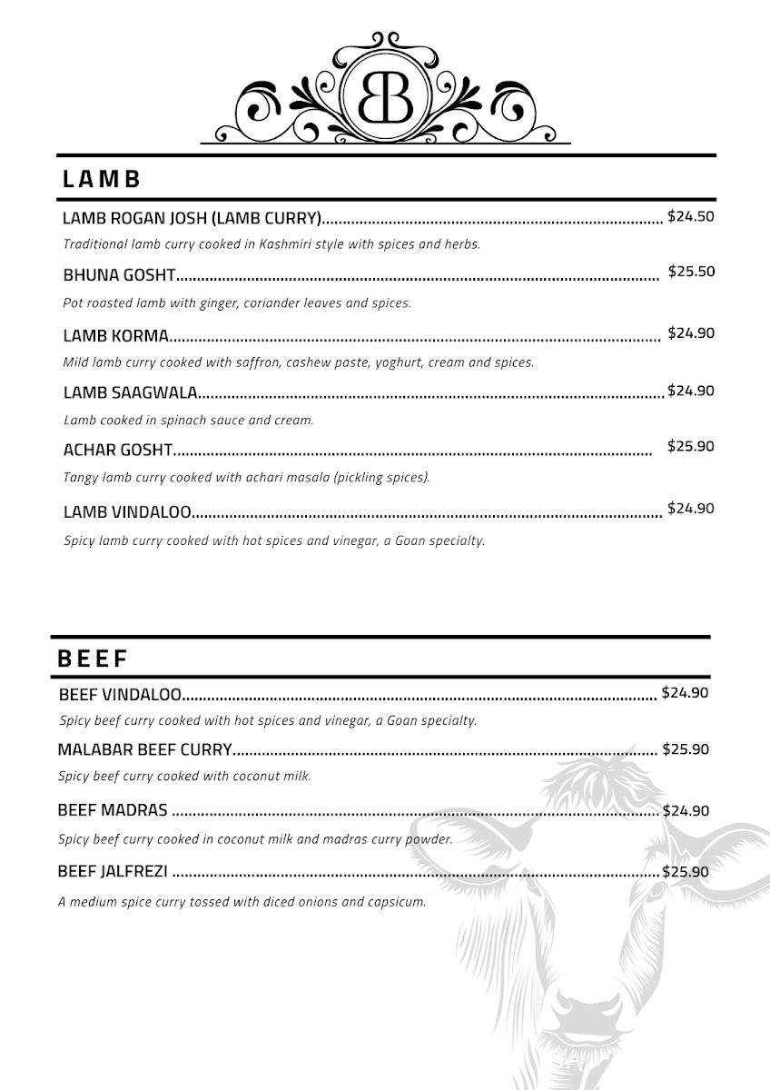 Menu, Bombay Beat Indian Restaurant