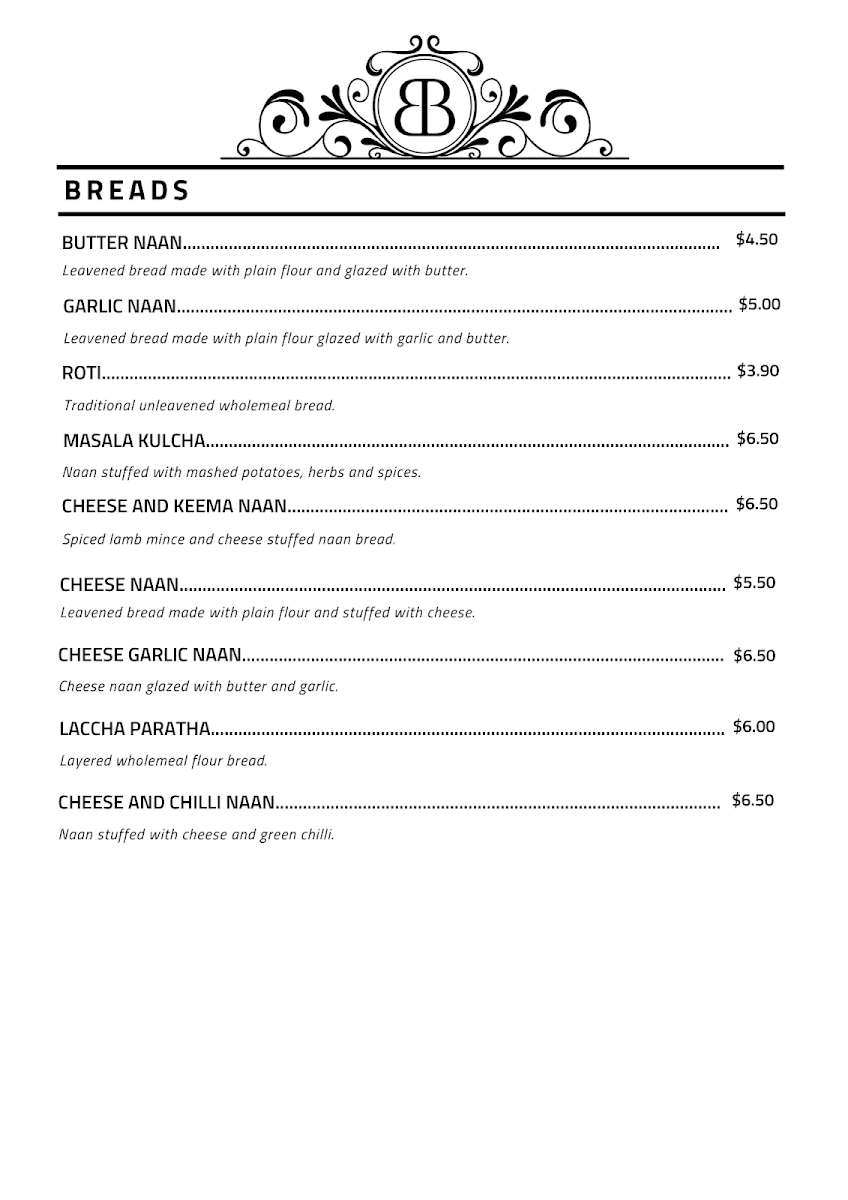 Menu, Bombay Beat Indian Restaurant
