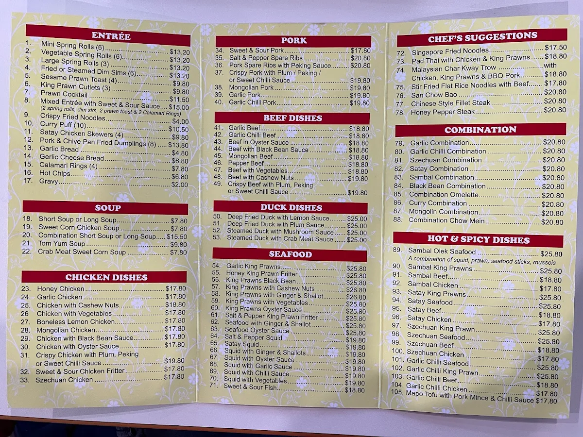 Menu, Mr Zhou's Chinese Kitchen @ Teralba Bowling Club