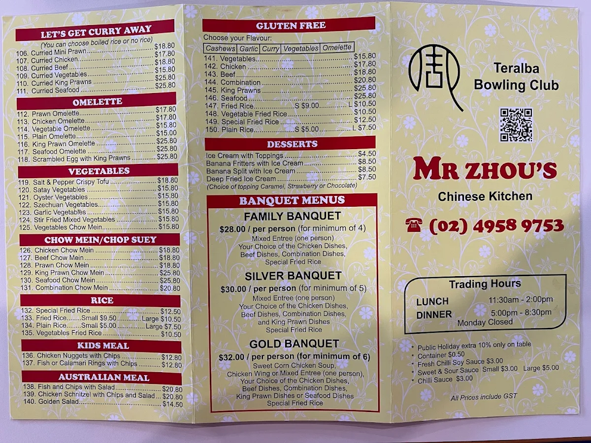Menu, Mr Zhou's Chinese Kitchen @ Teralba Bowling Club