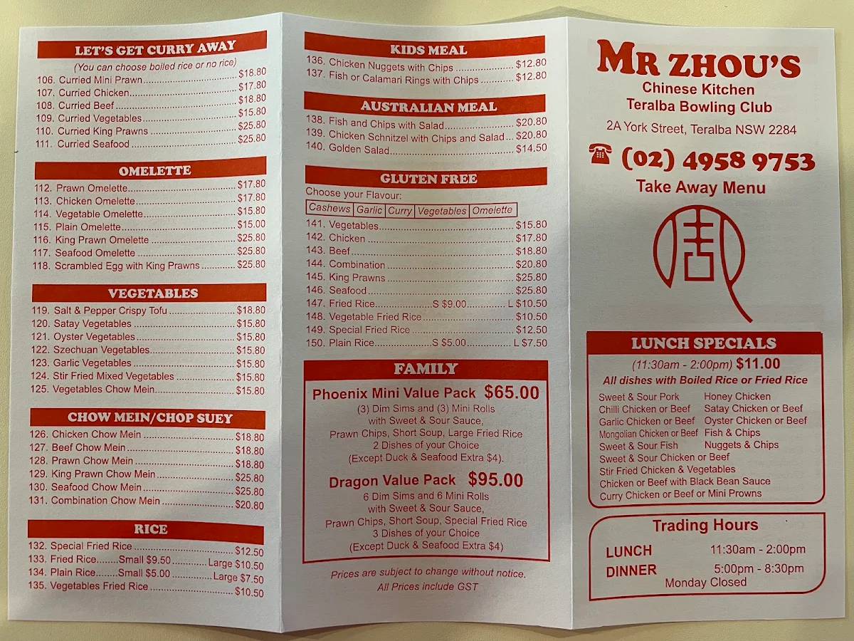 Menu, Mr Zhou's Chinese Kitchen @ Teralba Bowling Club