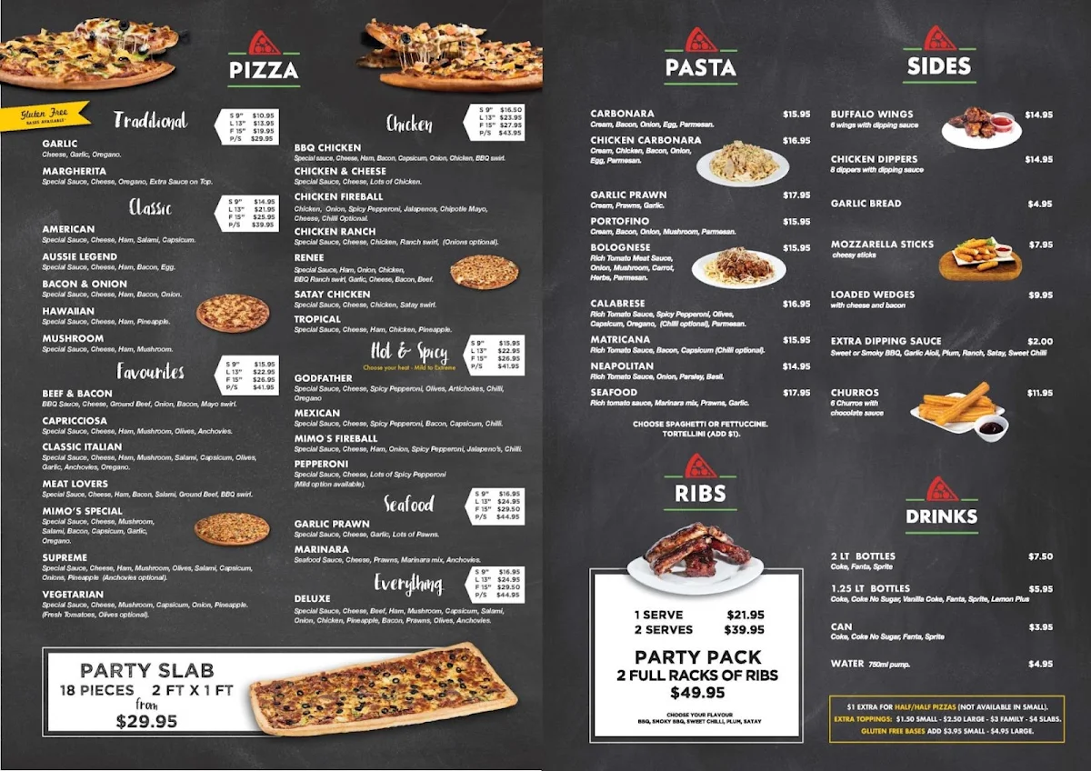 Menu, Mimos Pizza