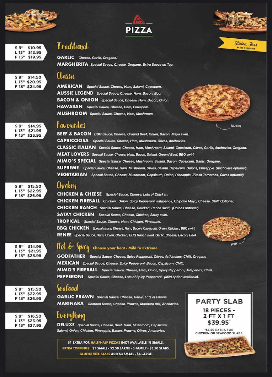 Menu, Mimos Pizza