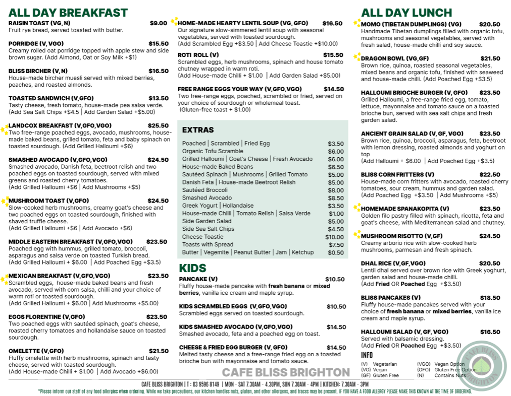 Menu, Cafe Bliss Brighton