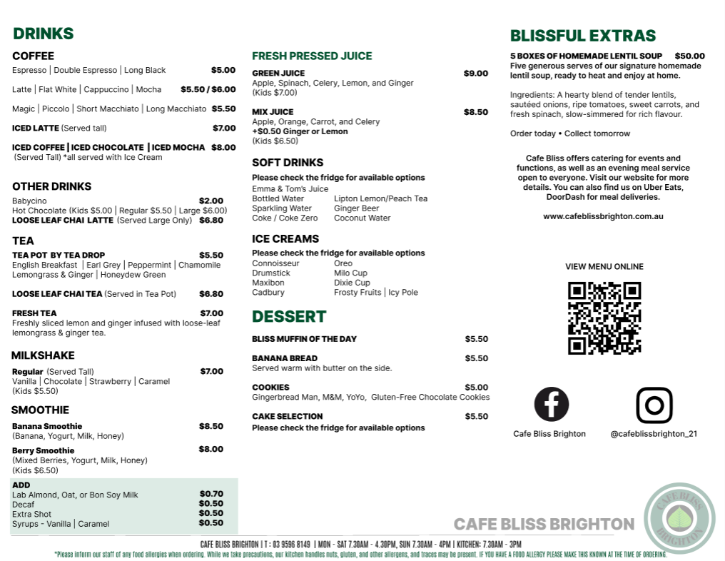 Menu, Cafe Bliss Brighton