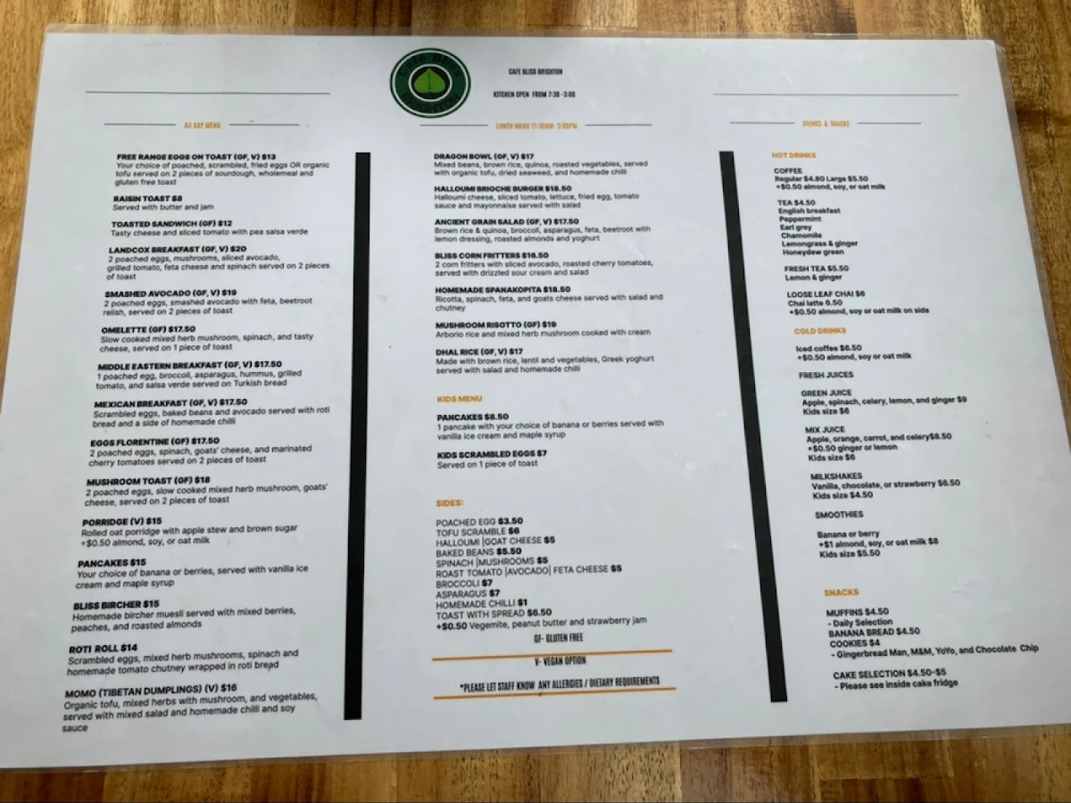 Menu, Cafe Bliss Brighton
