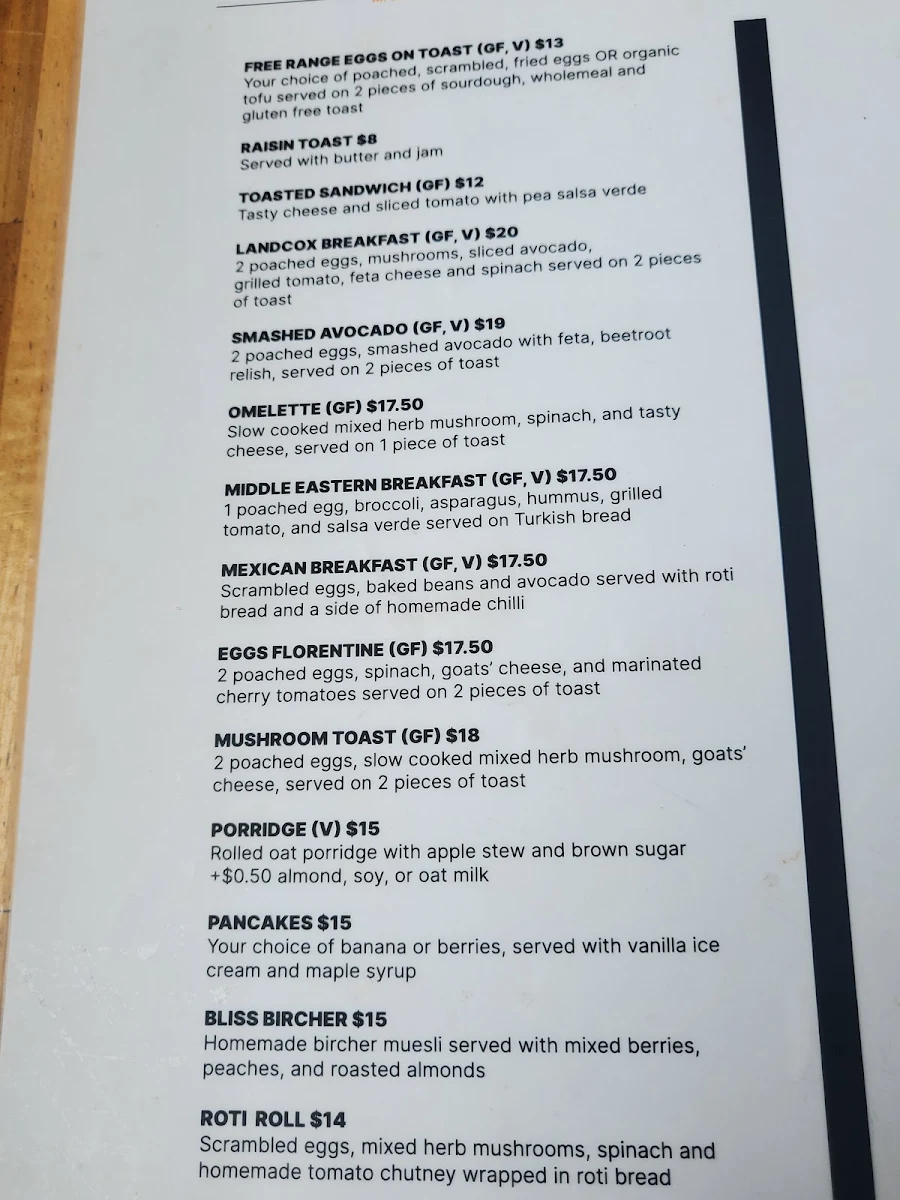 Menu, Cafe Bliss Brighton