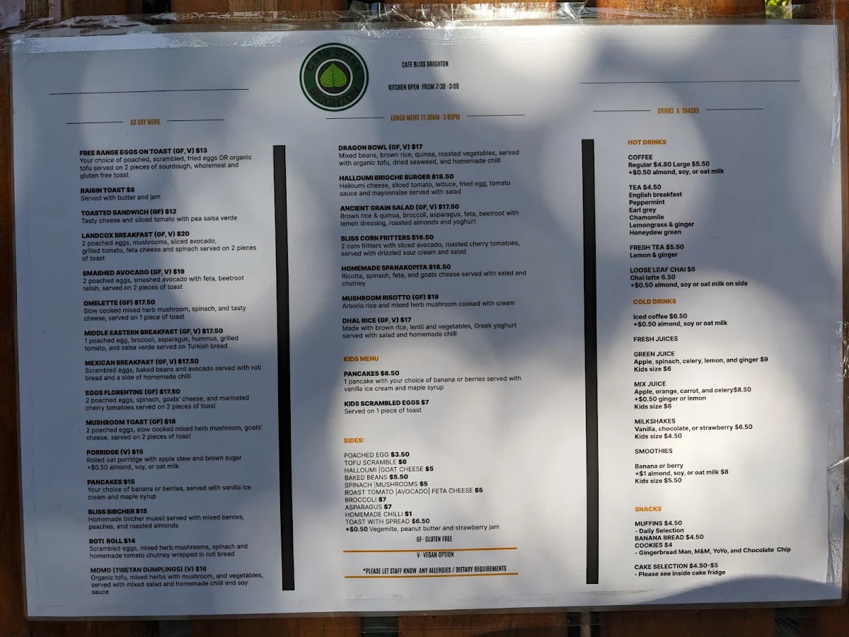 Menu, Cafe Bliss Brighton