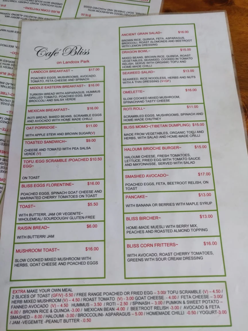 Menu, Cafe Bliss Brighton
