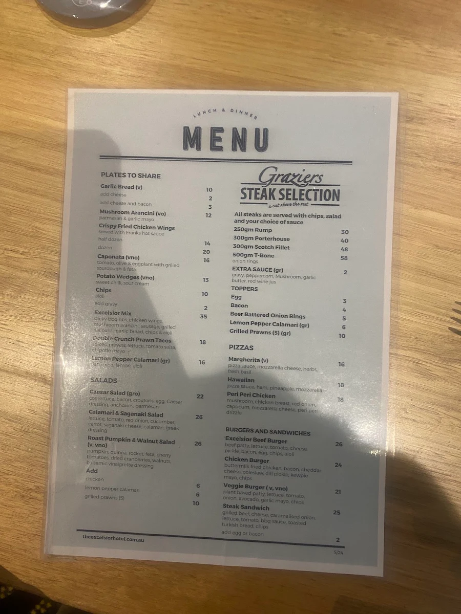 Menu, Excelsior Hotel
