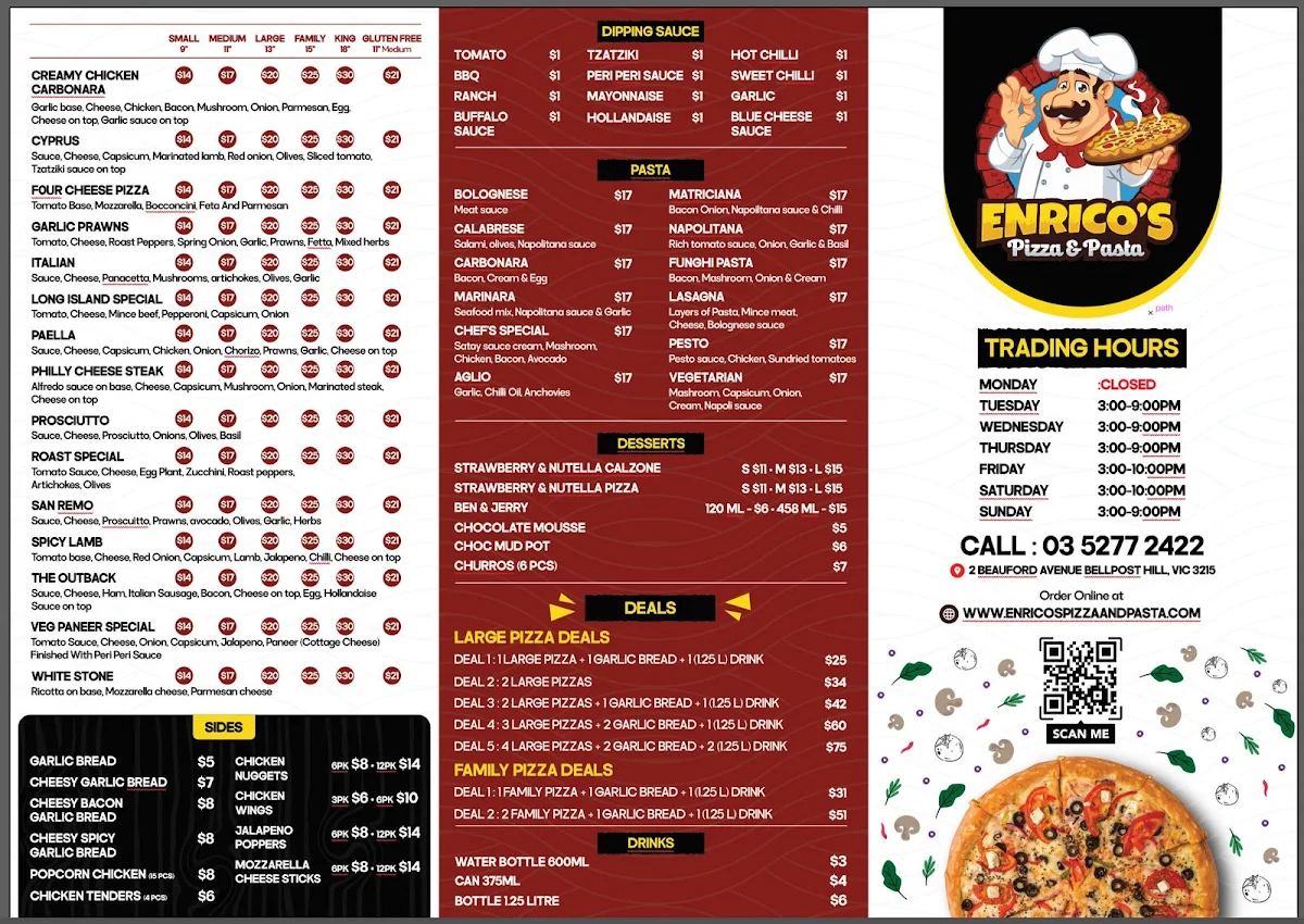 Menu, Enrico's Pizza & Pasta