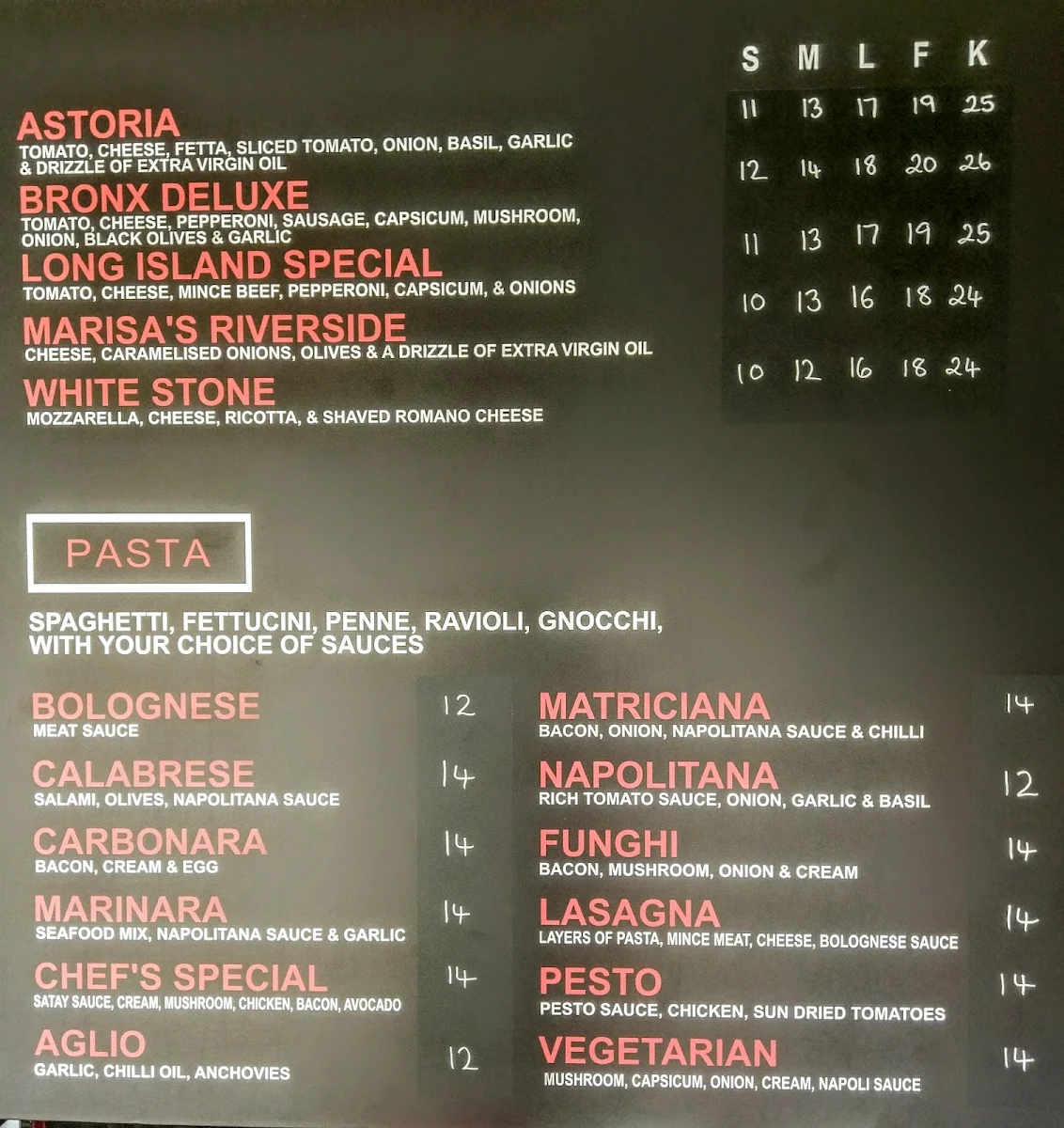 Menu, Enrico's Pizza & Pasta