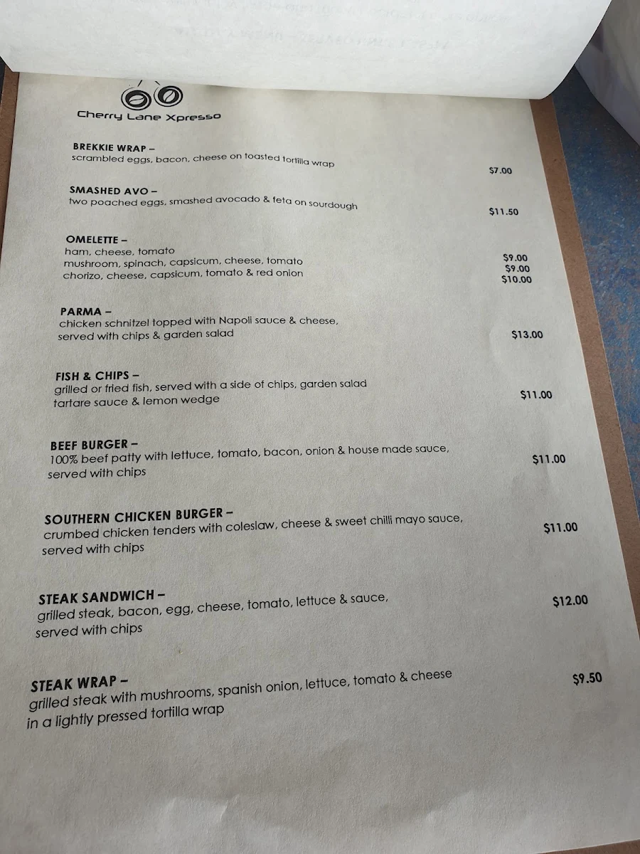 Menu, Cherry's Take Away Food