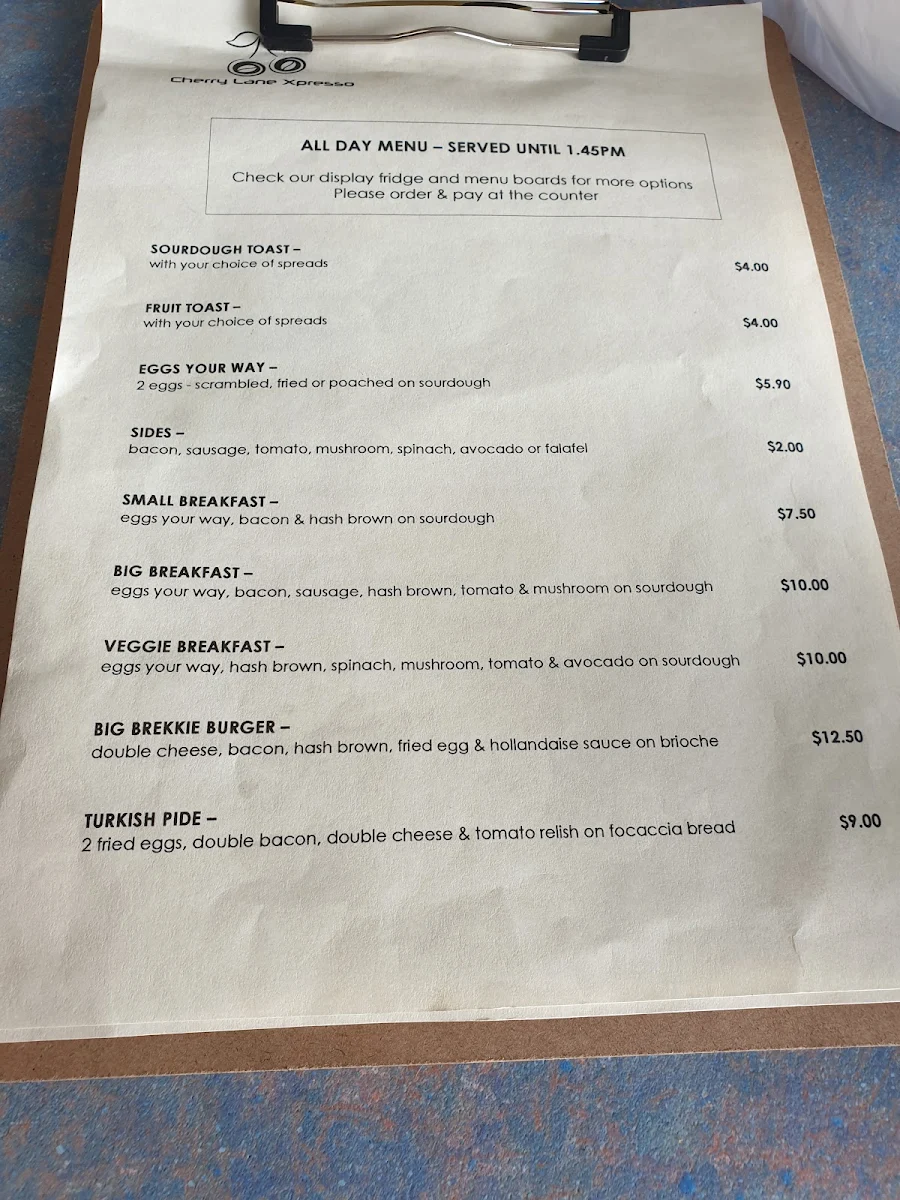 Menu, Cherry's Take Away Food