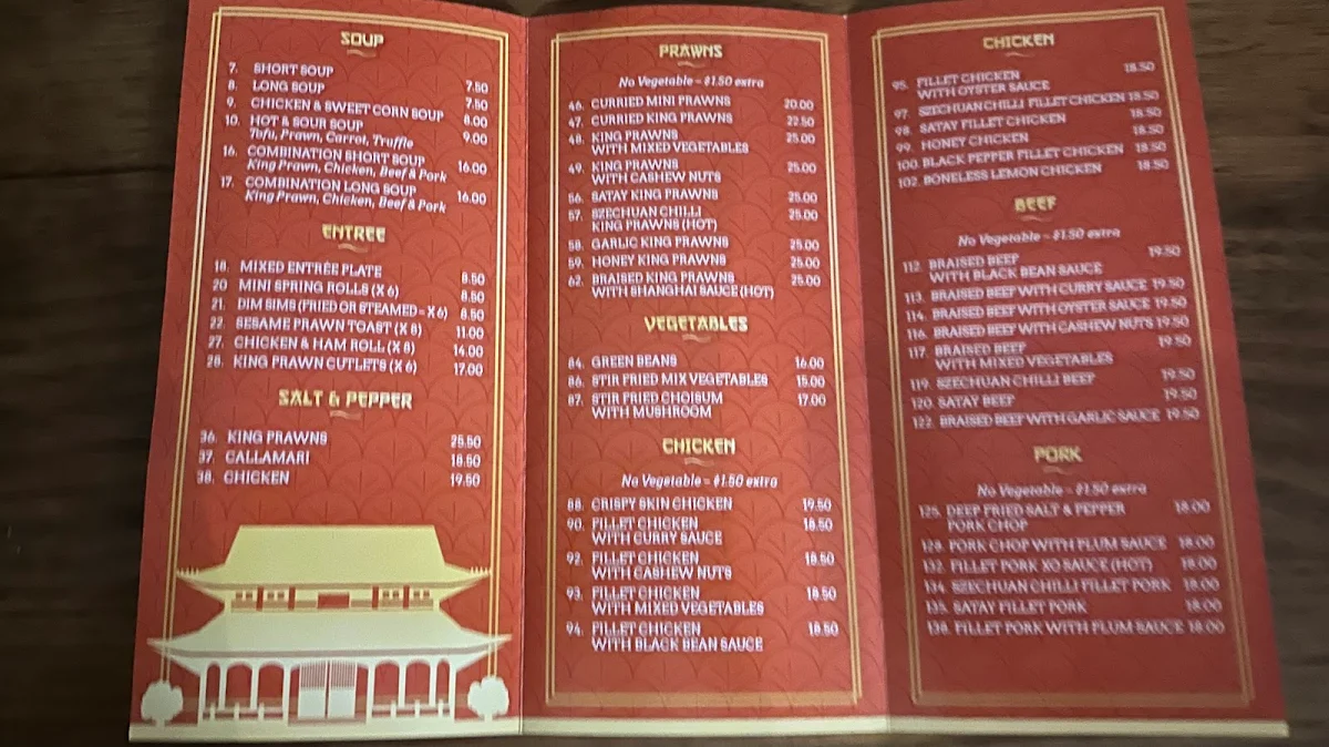 Menu, New Fortune Palace
