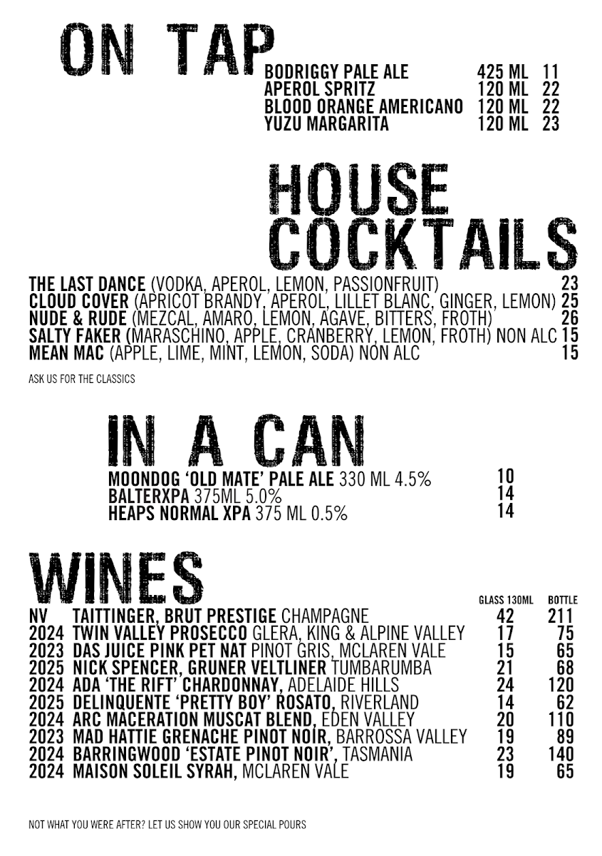 Menu, On Top Rooftop Bar