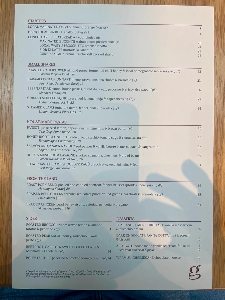 Menu, Gigi's Restaurant