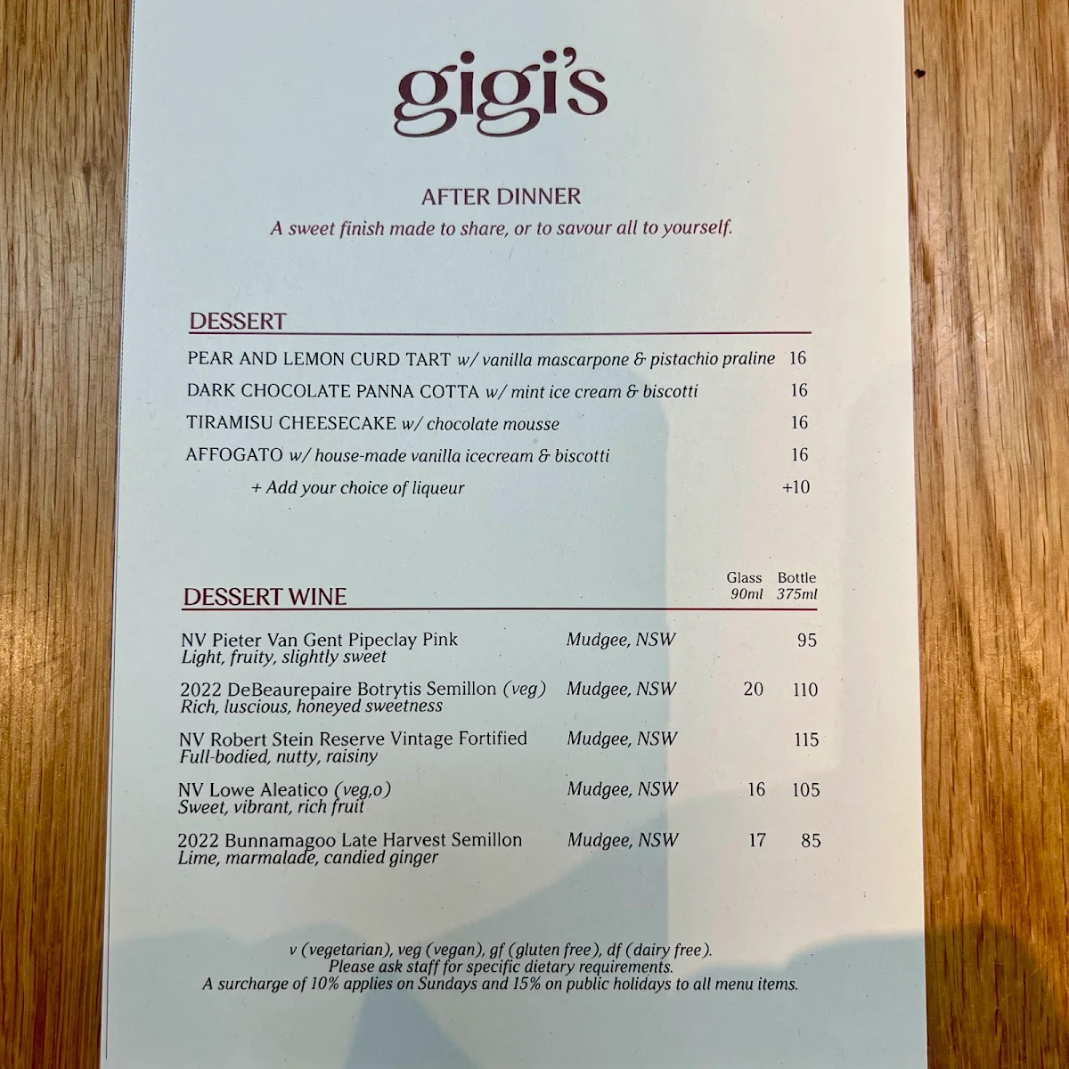 Menu, Gigi's Restaurant