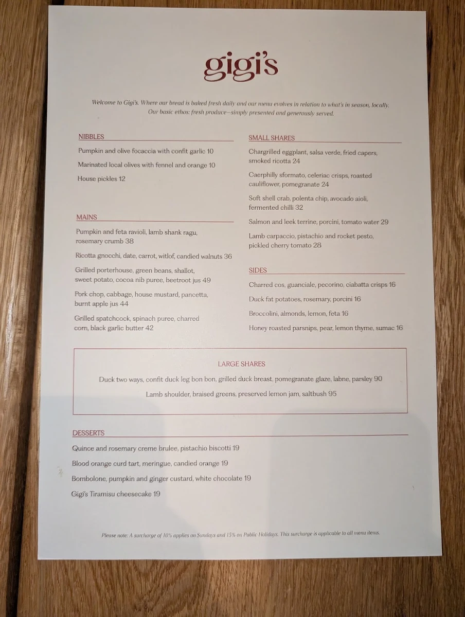 Menu, Gigi's Restaurant