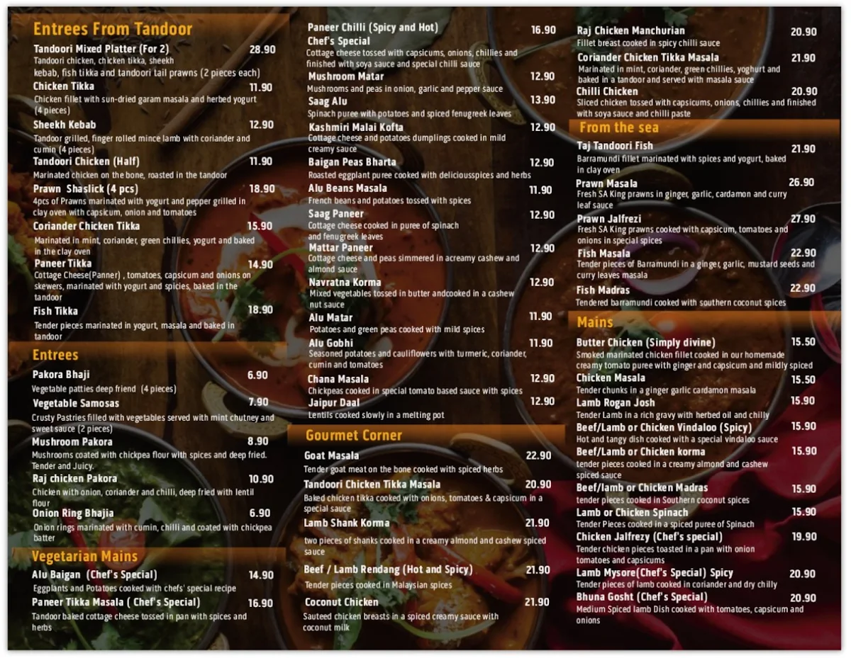 Menu, Raj On Taj Port Adelaide Plaza