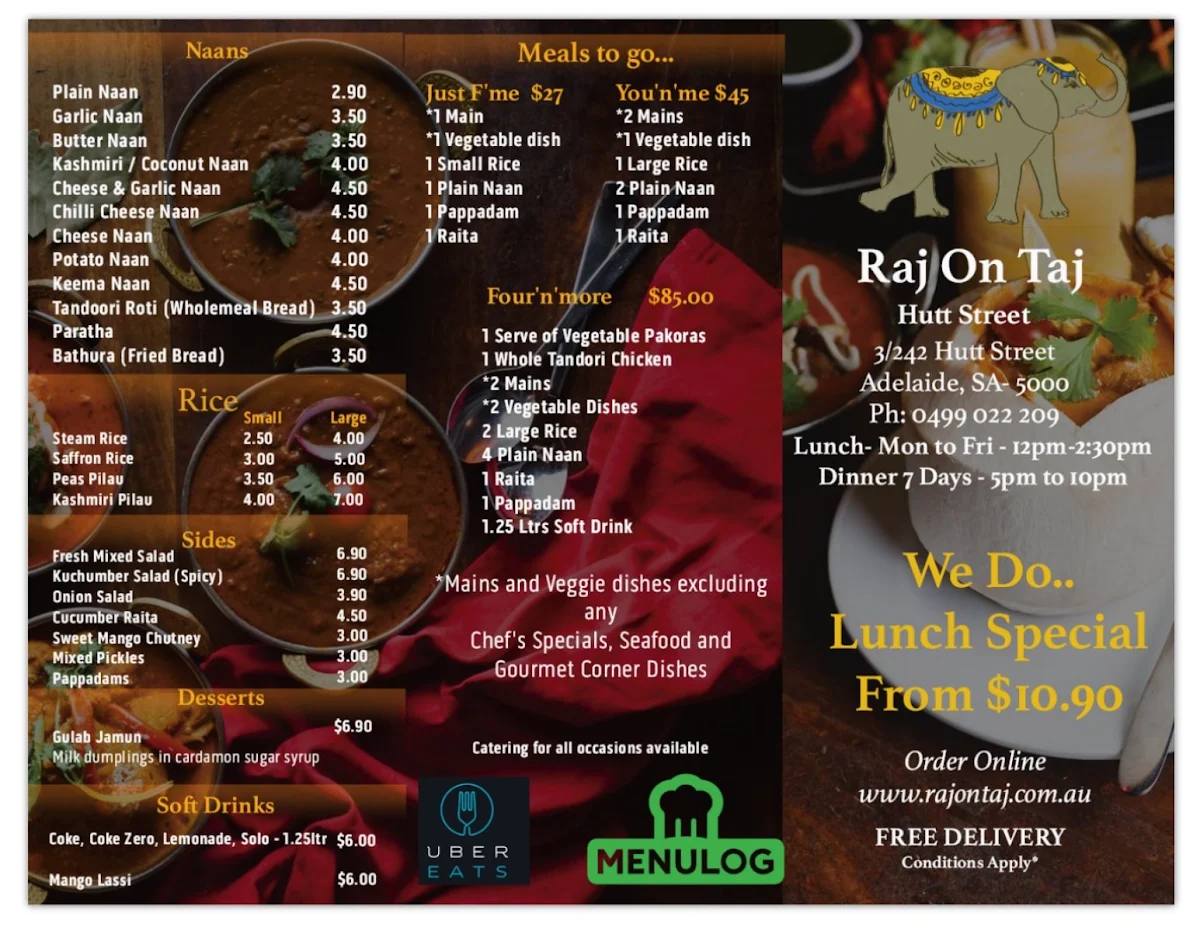 Menu, Raj On Taj Port Adelaide Plaza