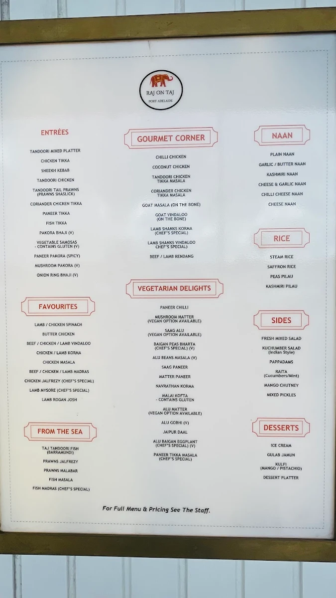 Menu, Raj On Taj Port Adelaide Plaza