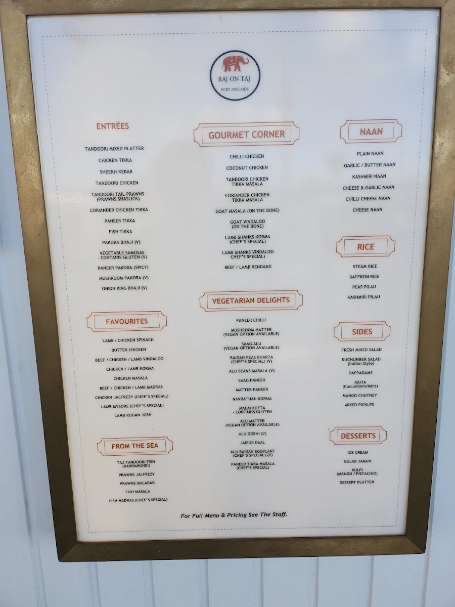 Menu, Raj On Taj Port Adelaide Plaza