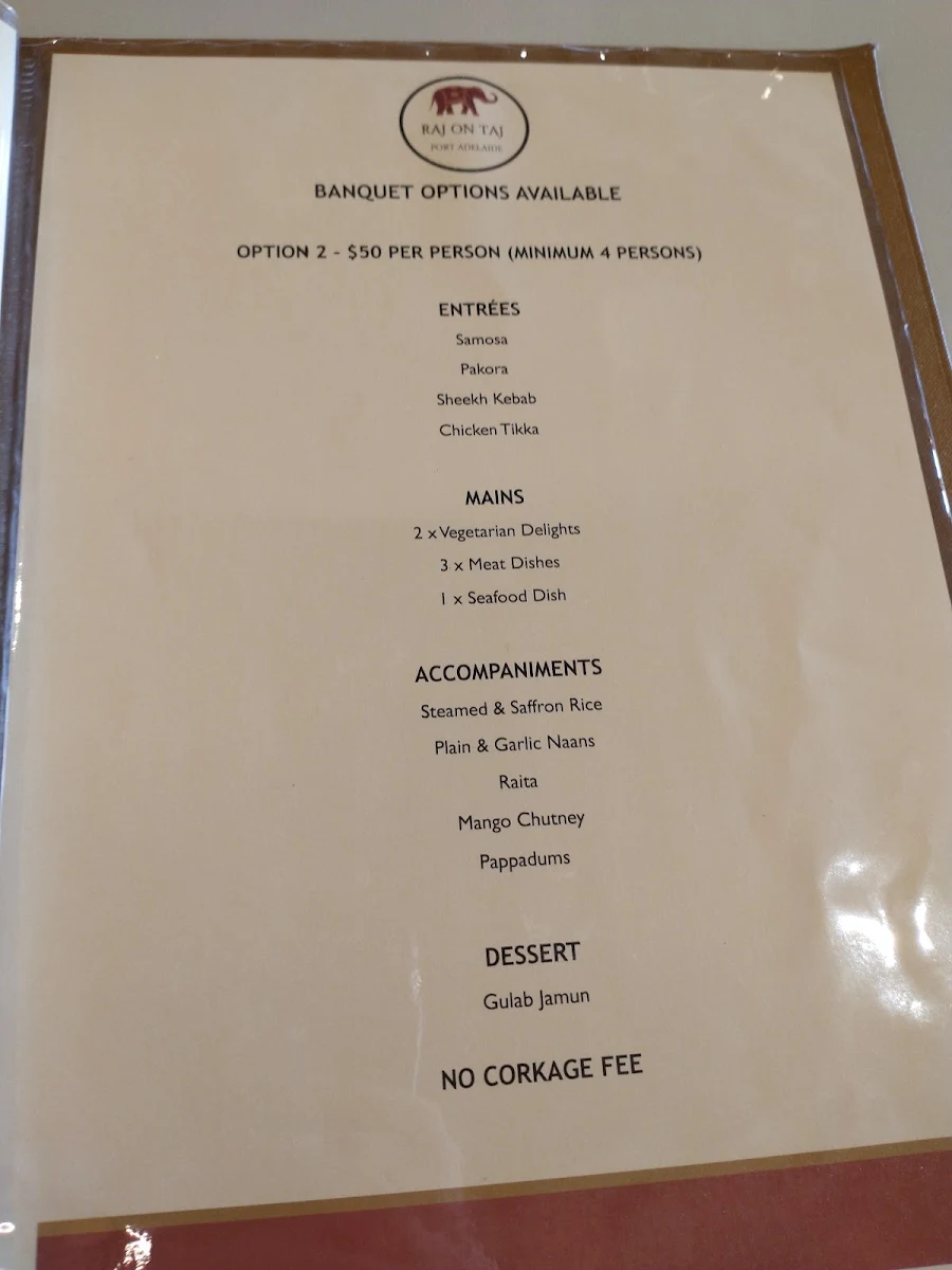 Menu, Raj On Taj Port Adelaide Plaza