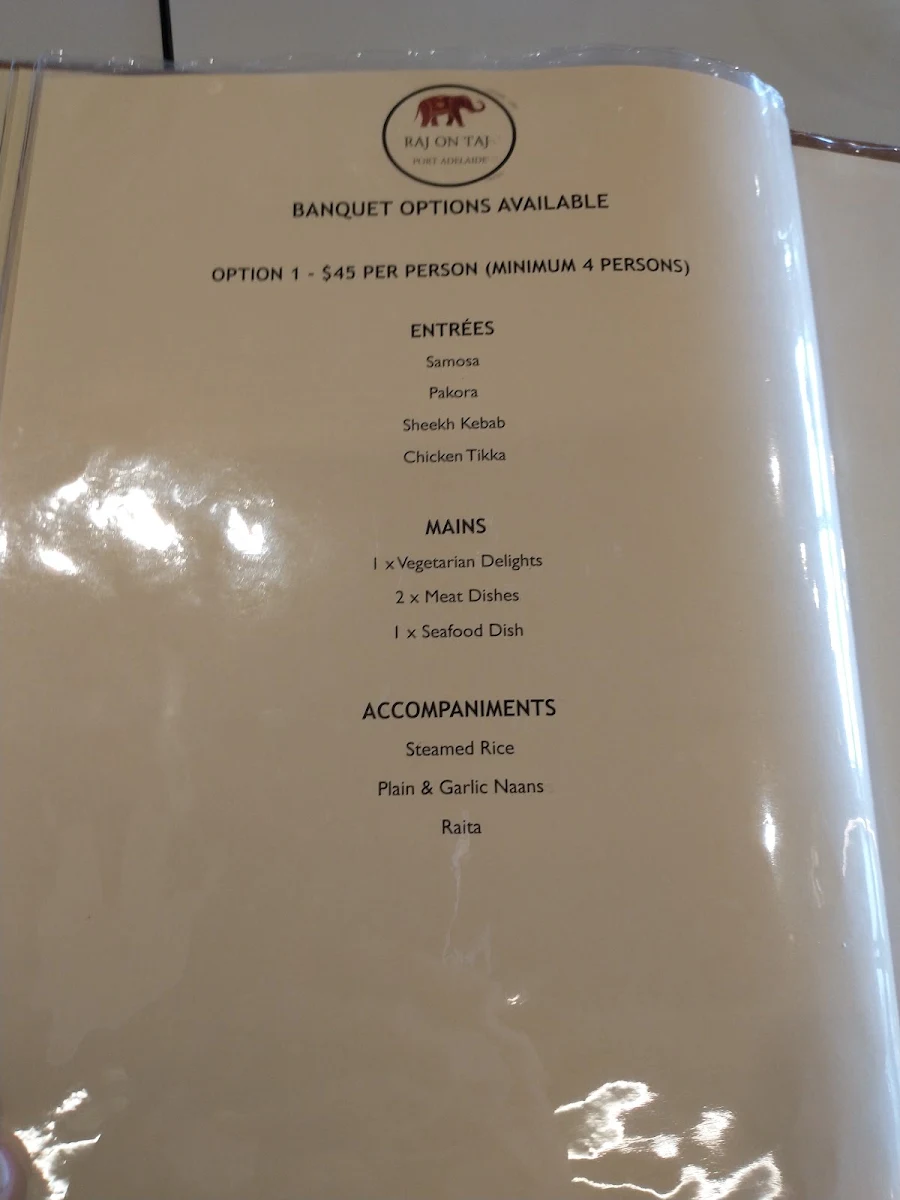 Menu, Raj On Taj Port Adelaide Plaza