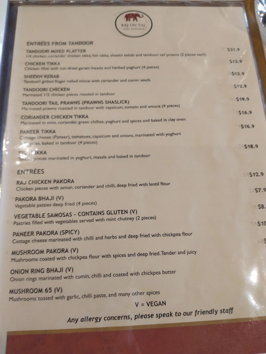 Menu, Raj On Taj Port Adelaide Plaza