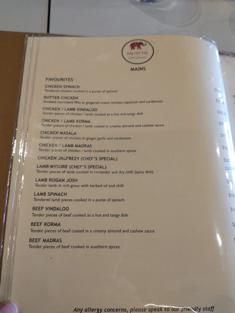Menu, Raj On Taj Port Adelaide Plaza