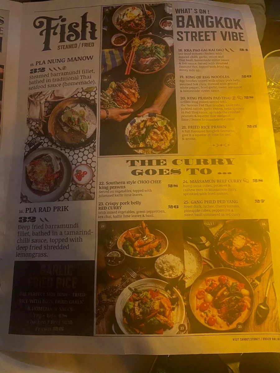 Menu, SAVOEY Restaurant and Bar