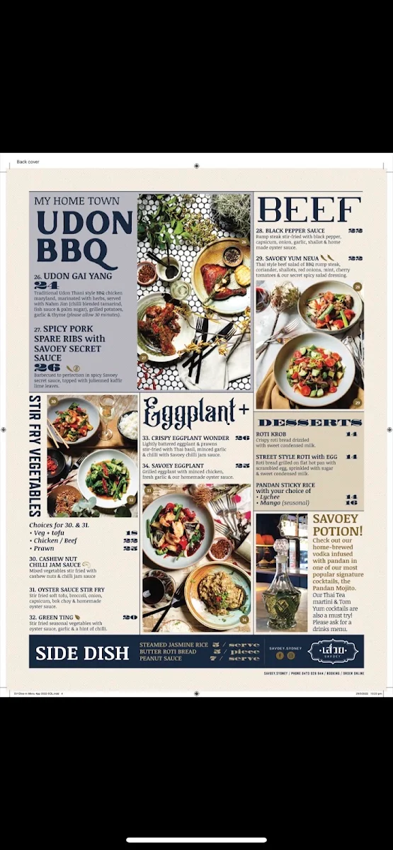 Menu, SAVOEY Restaurant and Bar