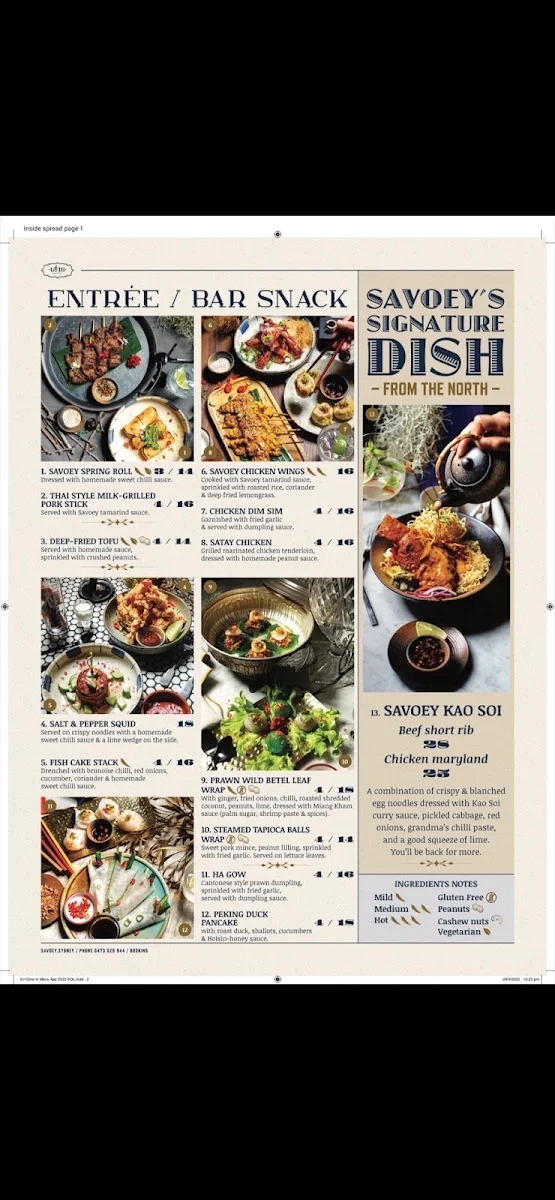 Menu, SAVOEY Restaurant and Bar