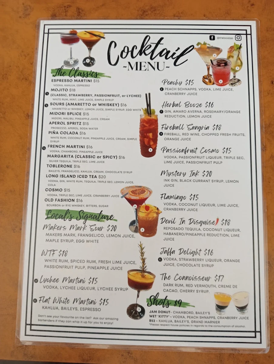 Menu, The Local Paradise Point