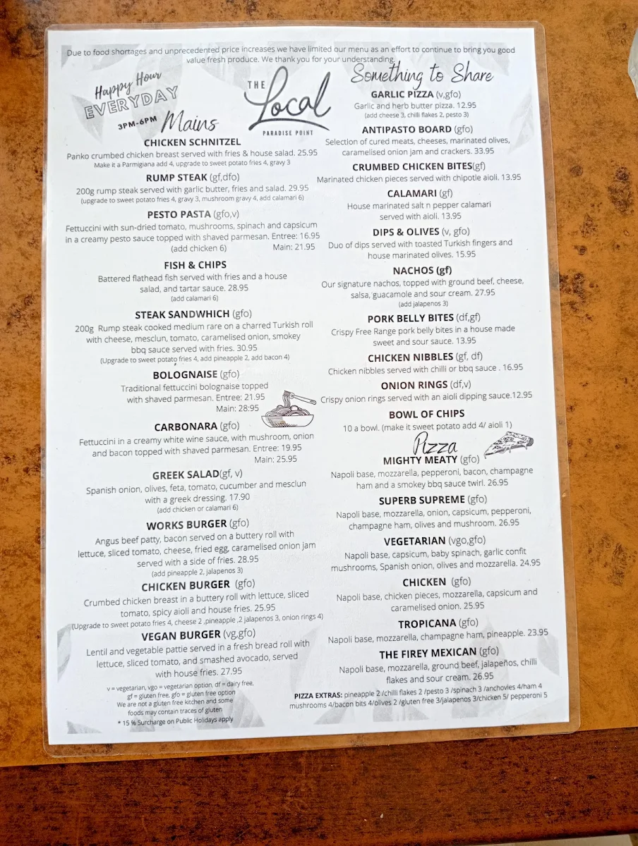 Menu, The Local Paradise Point