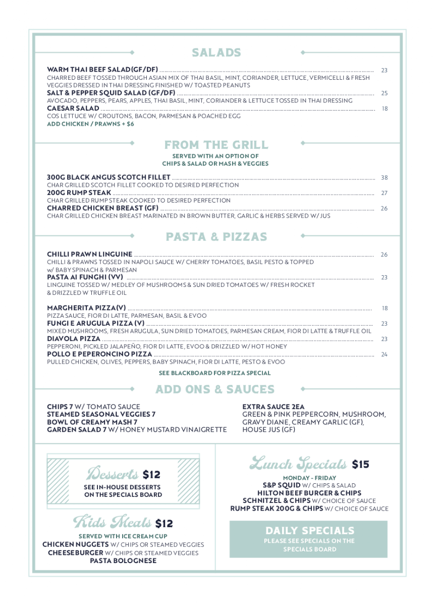 Menu, Harwood Hotel