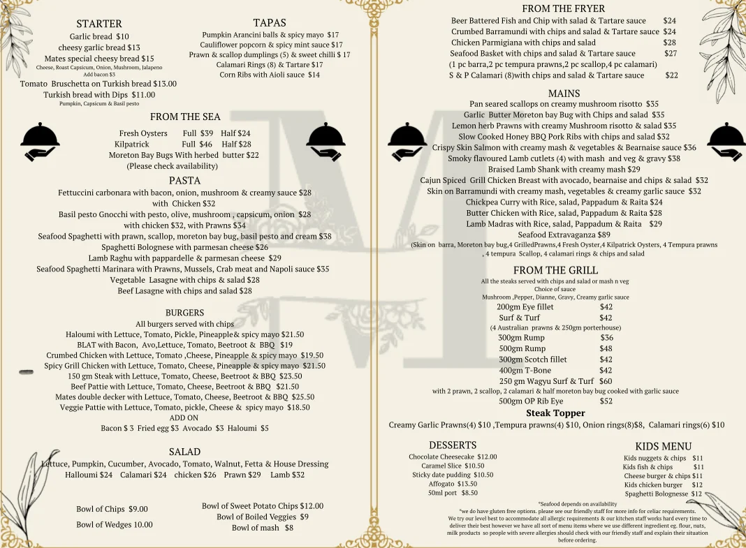 Menu, Mate’s restaurant and bar