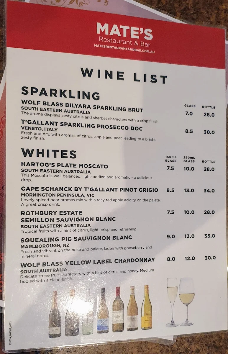 Menu, Mate’s restaurant and bar