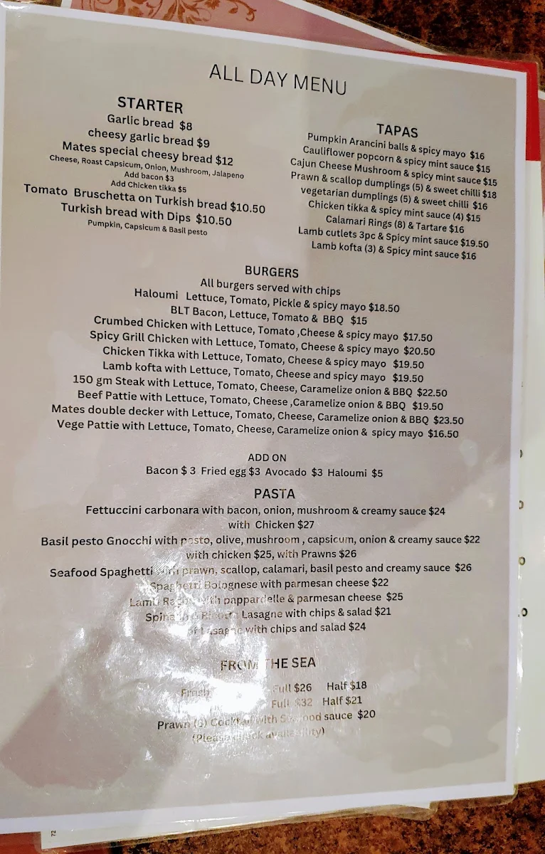 Menu, Mate’s restaurant and bar