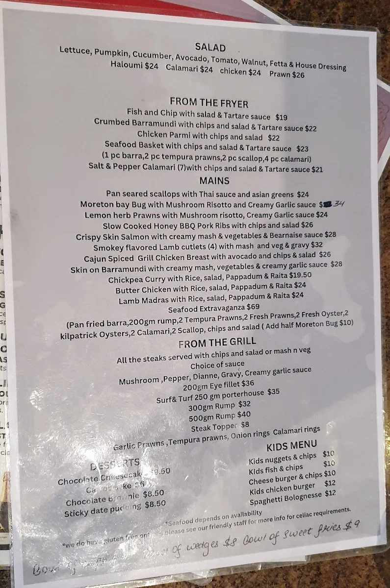 Menu, Mate’s restaurant and bar