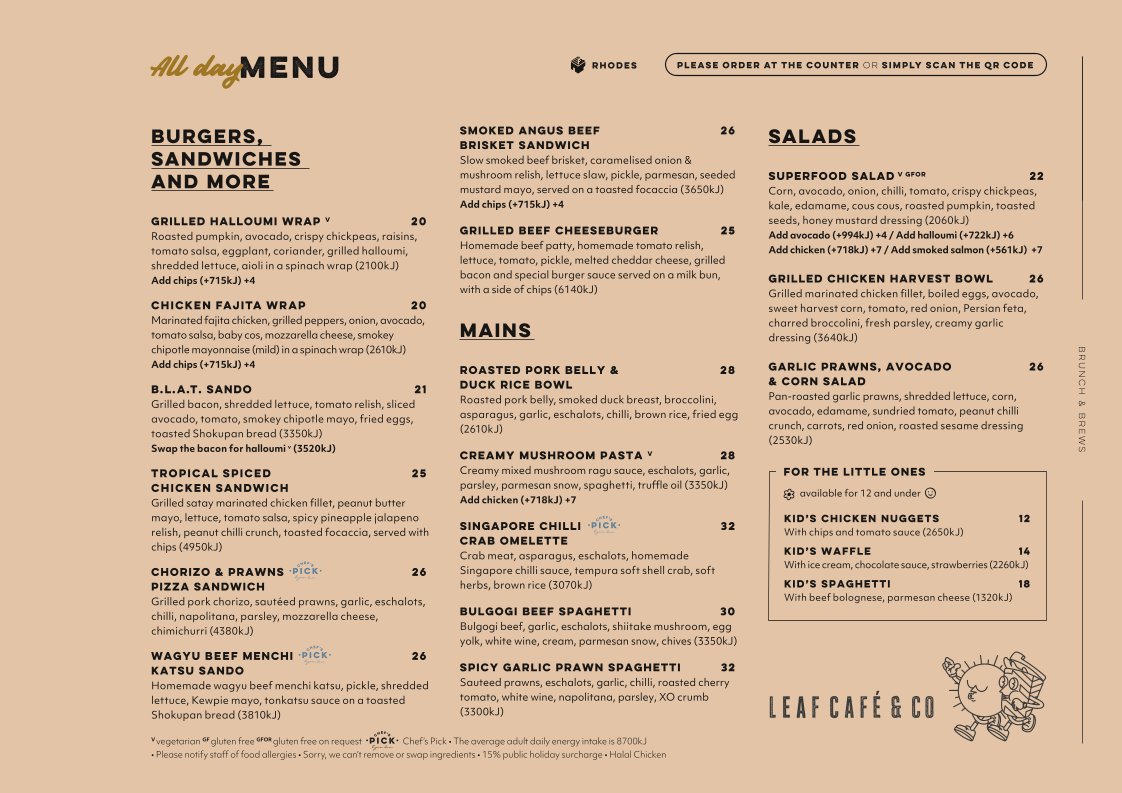 Menu, Leaf Cafe & Co Rhodes