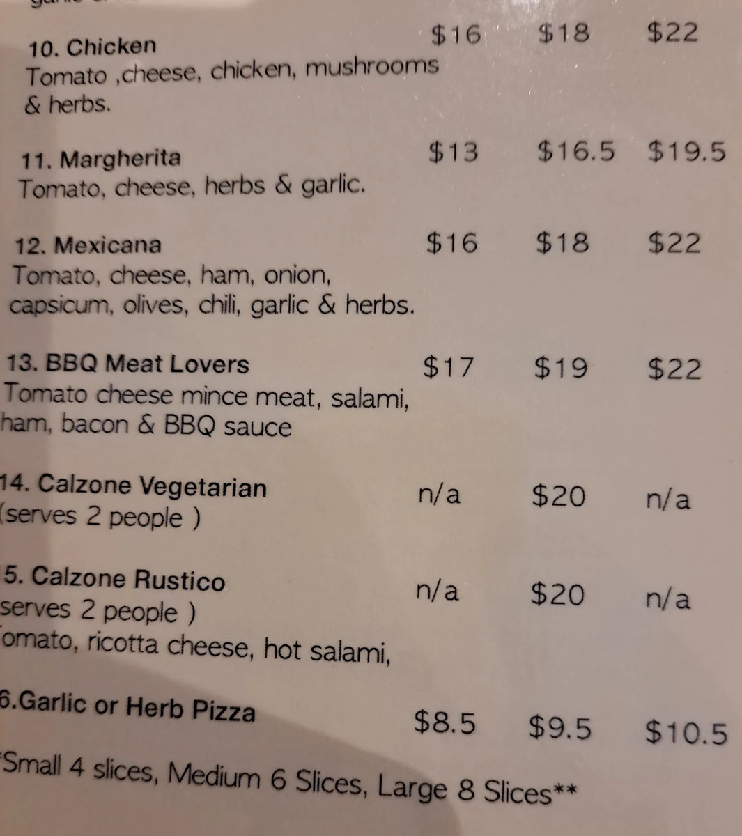 Menu, Mamma Mia Pizza